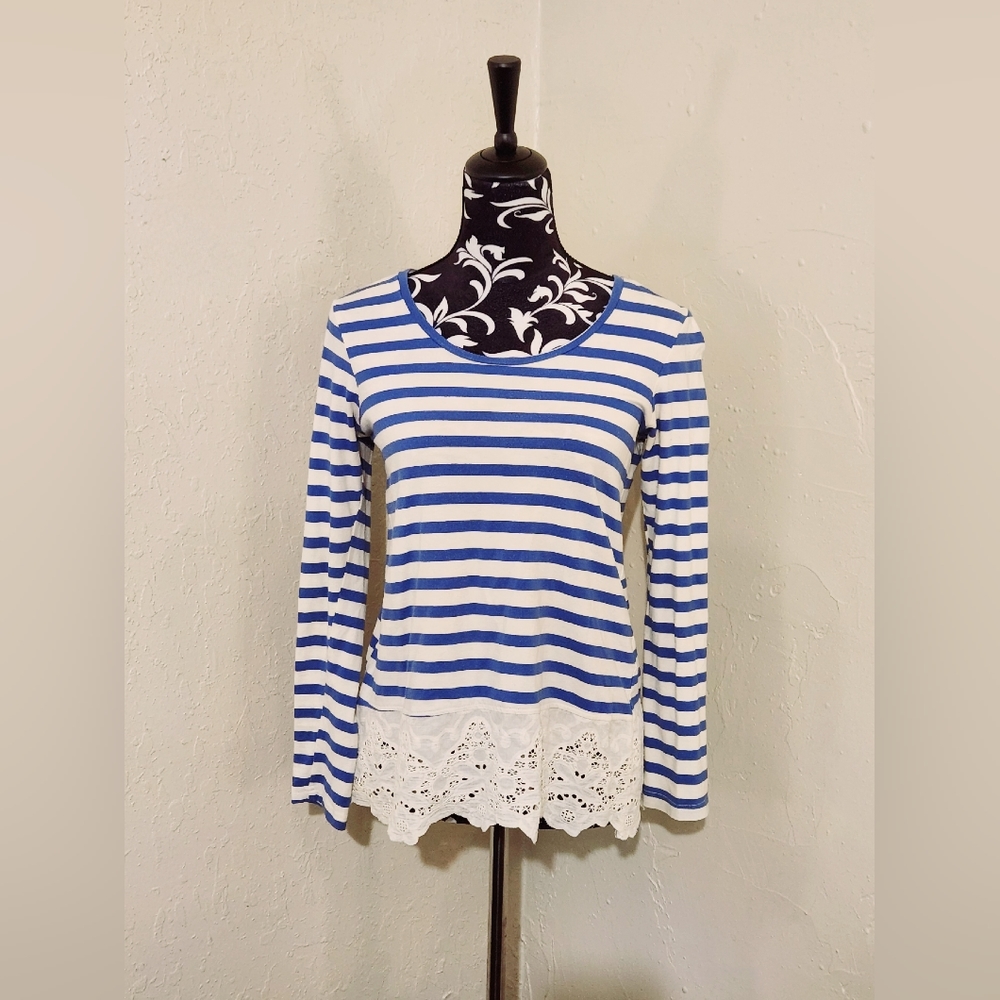 Lili's Closet Anthropologie Blue Striped LaceHem Top XS